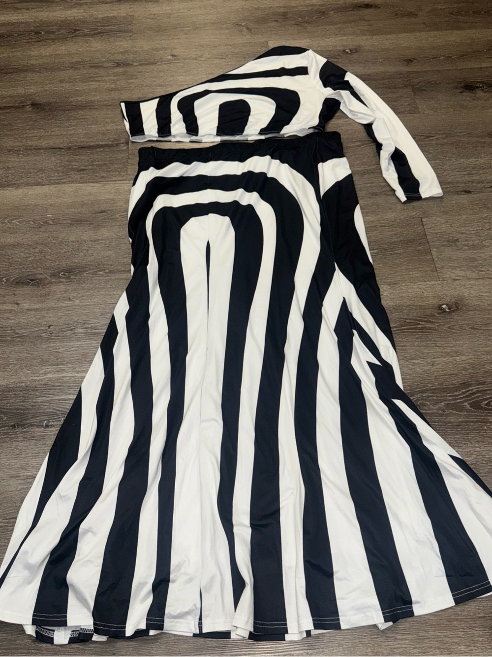 One-Shoulder Black and White Striped Maxi Skirt